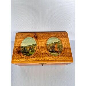 Vintage Hand-Carved Cedar Jewelry Box with Twin Autumn Landscape Lithographs